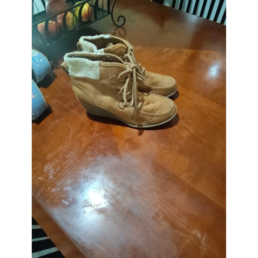 Mad Love Tan‎ Faux Suede Wedge Ankle Boots with Faux Shearling Trim Lace Up Tan